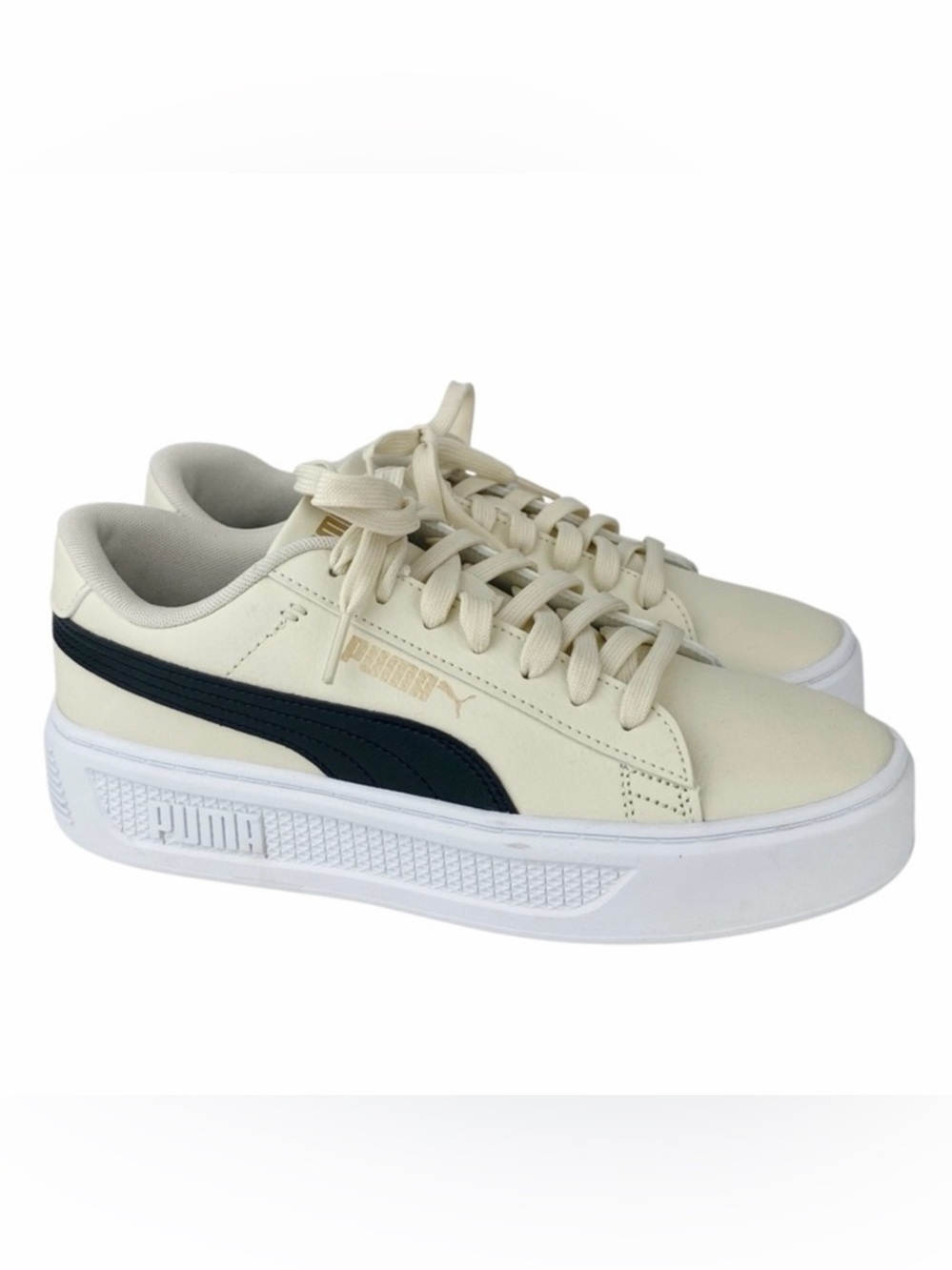 Puma Smash V3 Platform Sneakers Lace Up Shoes Alpine Snow Black Women’s Size 9